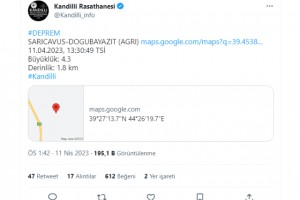 AĞRI'DA DEPREM : 4.3